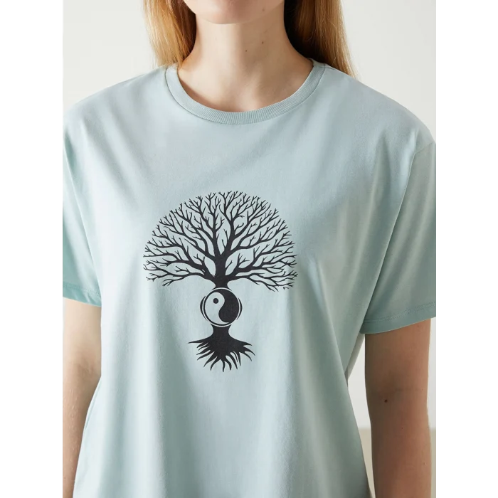 LCW Vision Turkuaz Bisiklet Yaka Baskılı Kadın Tişört