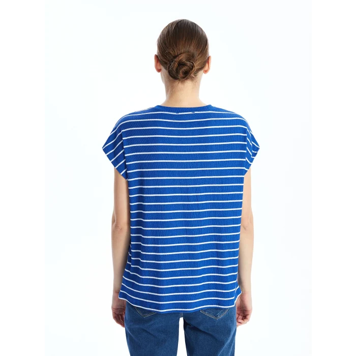 LCWAIKIKI Classic Mavi Bisiklet Yaka Çizgili Kadın Tişört