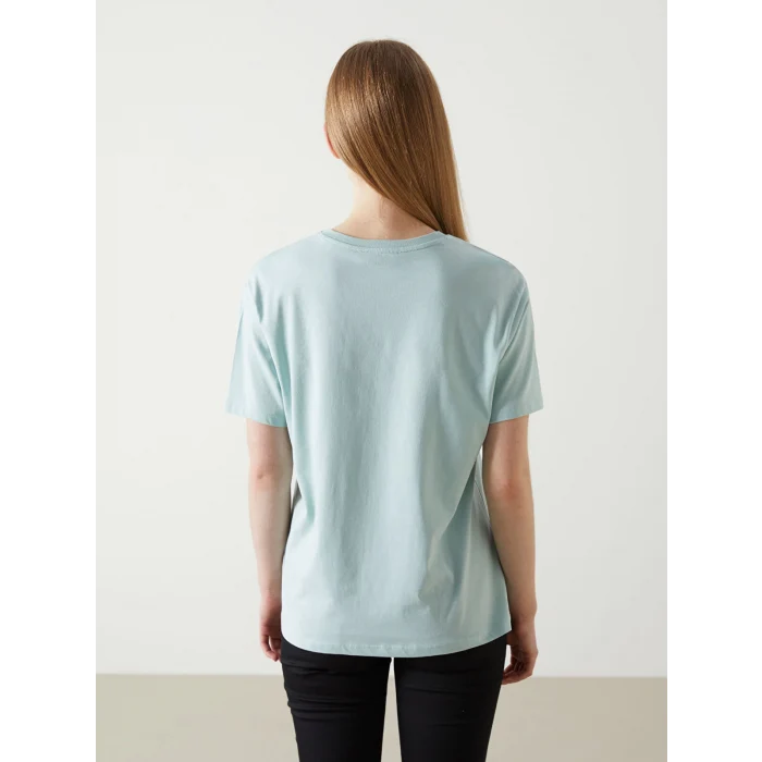 LCW Vision Turkuaz Bisiklet Yaka Baskılı Kadın Tişört