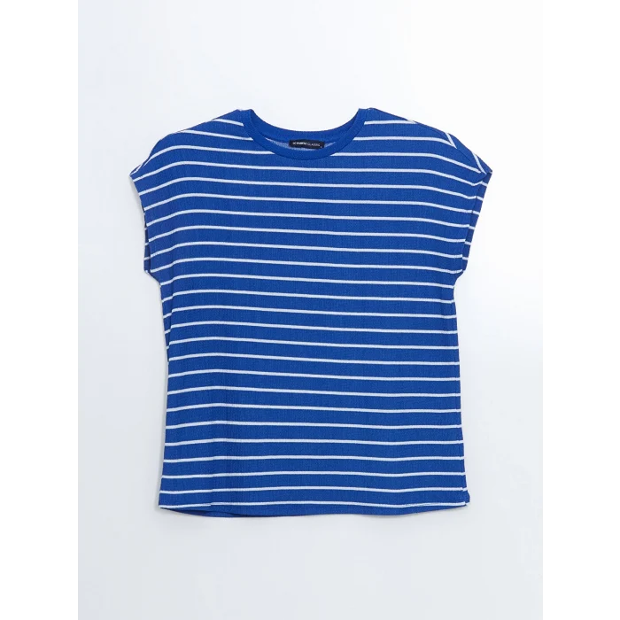 LCWAIKIKI Classic Mavi Bisiklet Yaka Çizgili Kadın Tişört