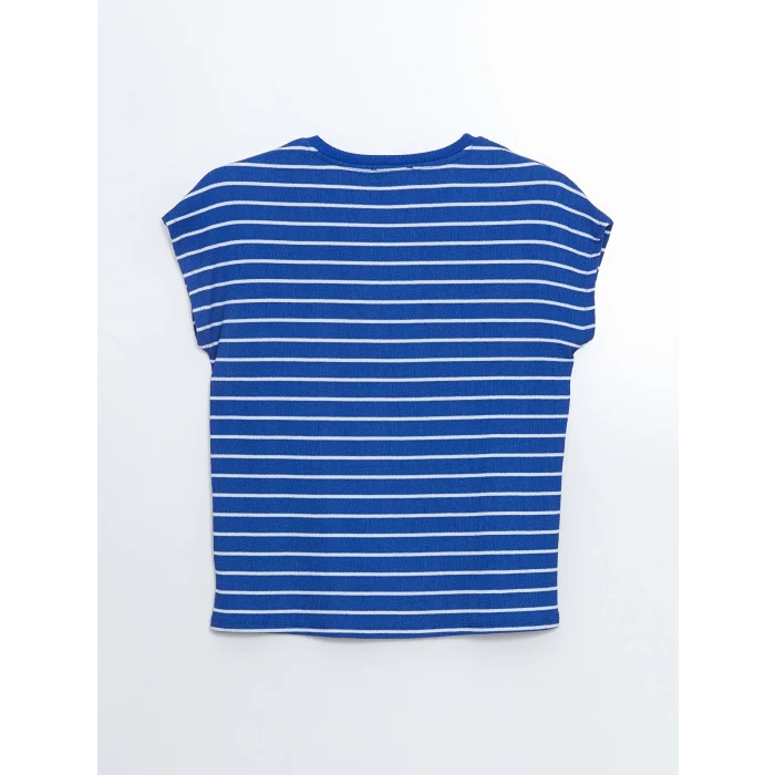 LCWAIKIKI Classic Mavi Bisiklet Yaka Çizgili Kadın Tişört