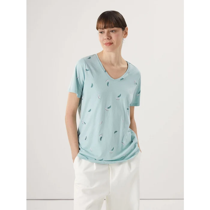 LCWAIKIKI Classic Yeşil V Yaka Çiçekli Kısa Kollu Kadın Tişört