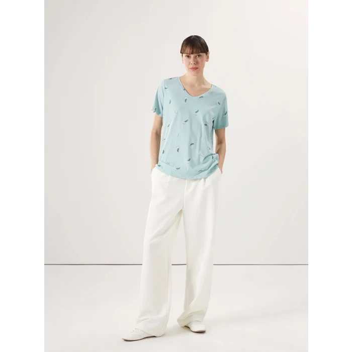 LCWAIKIKI Classic Yeşil V Yaka Çiçekli Kısa Kollu Kadın Tişört