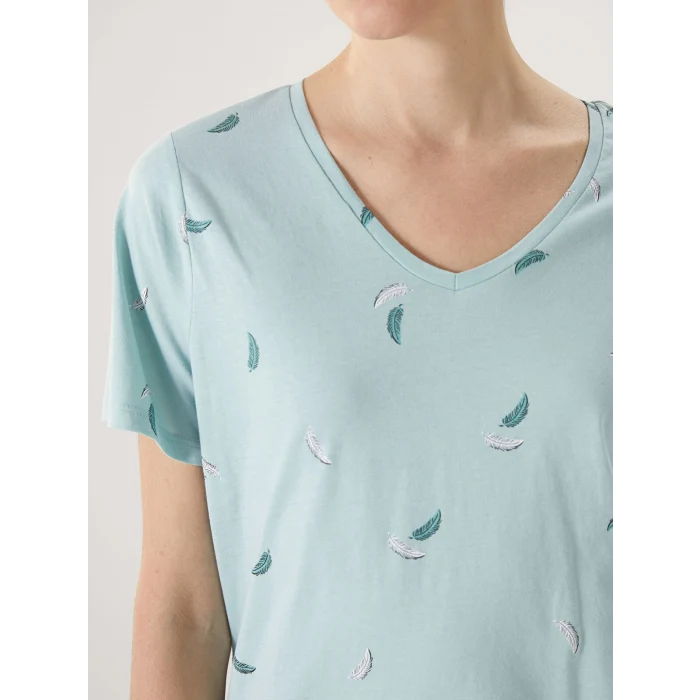 LCWAIKIKI Classic Yeşil V Yaka Çiçekli Kısa Kollu Kadın Tişört