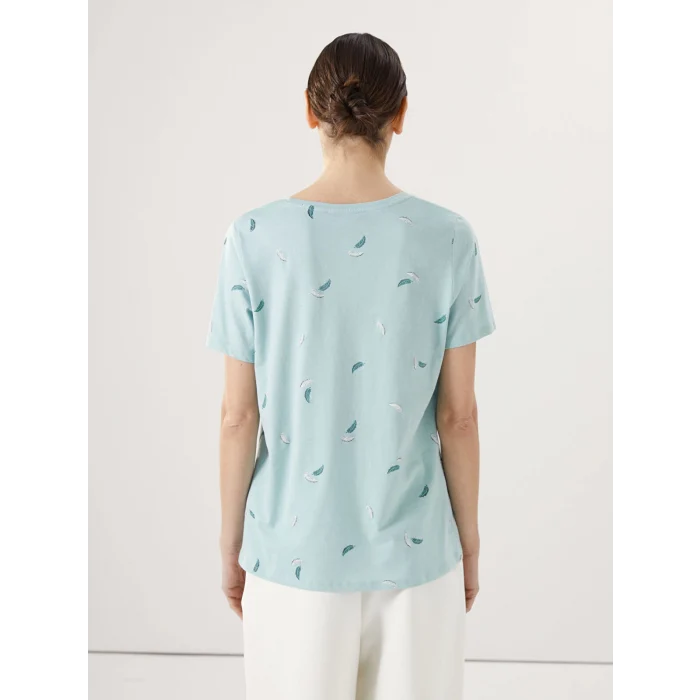 LCWAIKIKI Classic Yeşil V Yaka Çiçekli Kısa Kollu Kadın Tişört