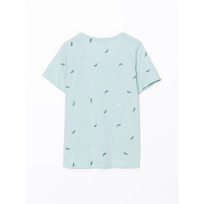 LCWAIKIKI Classic Yeşil V Yaka Çiçekli Kısa Kollu Kadın Tişört