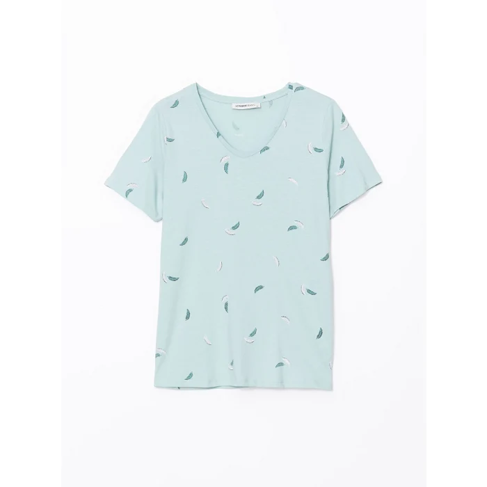 LCWAIKIKI Classic Yeşil V Yaka Çiçekli Kısa Kollu Kadın Tişört