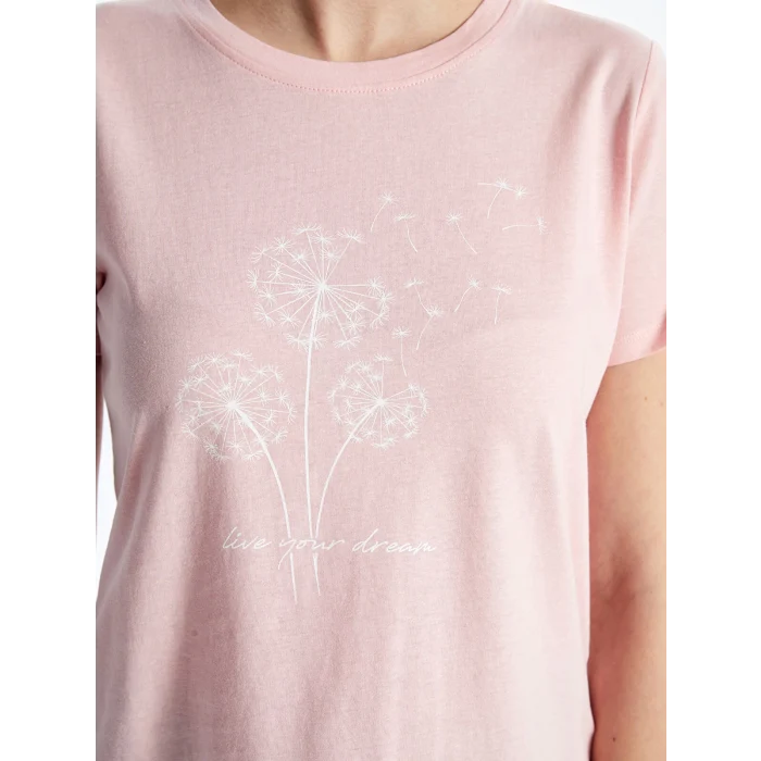 LCWAIKIKI Classic Pembe Bisiklet Yaka Baskılı Kadın Tişört