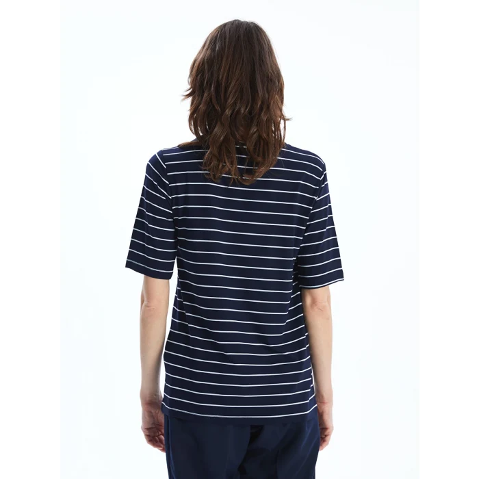 LCWAIKIKI Classic Lacivert Bisiklet Yaka Çizgili Kadın Tişört
