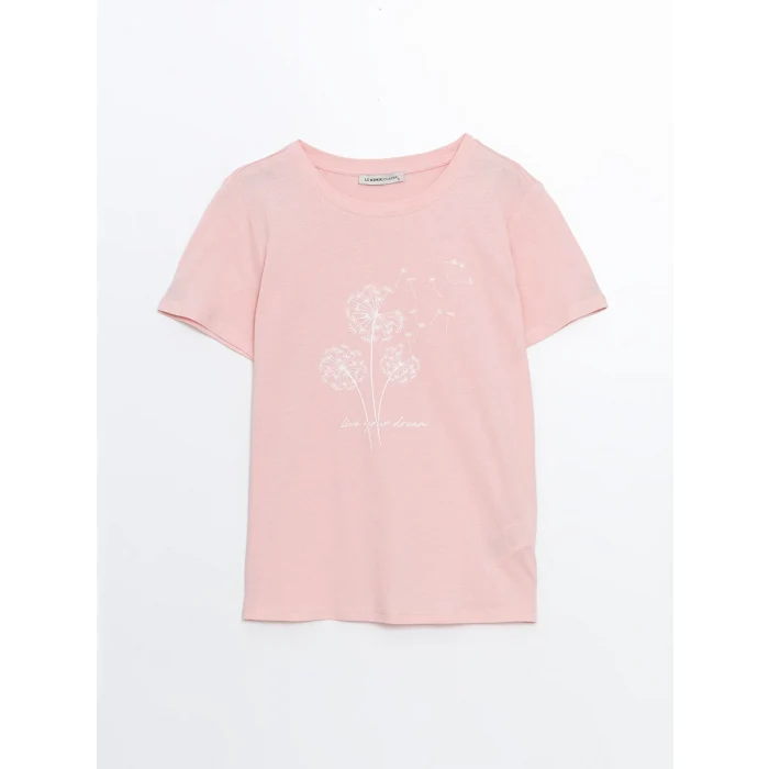 LCWAIKIKI Classic Pembe Bisiklet Yaka Baskılı Kadın Tişört
