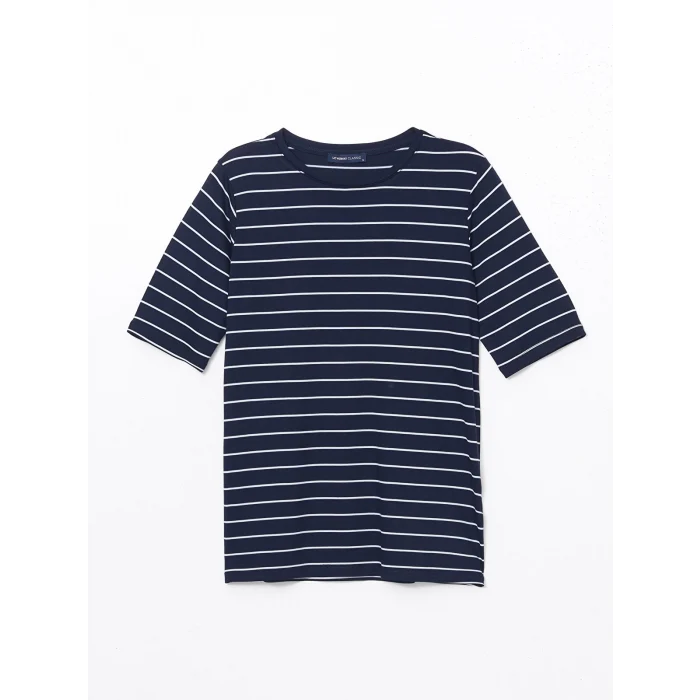 LCWAIKIKI Classic Lacivert Bisiklet Yaka Çizgili Kadın Tişört