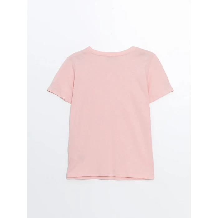 LCWAIKIKI Classic Pembe Bisiklet Yaka Baskılı Kadın Tişört