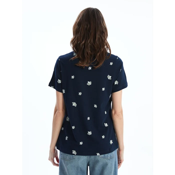 LCWAIKIKI Classic Lacivert Bisiklet Yaka Desenli Kadın Tişört