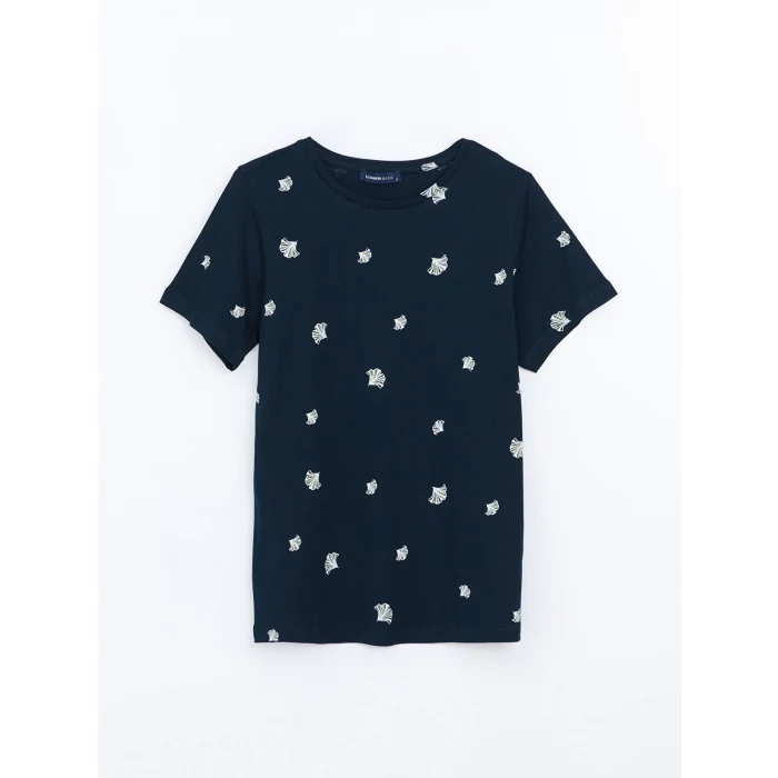 LCWAIKIKI Classic Lacivert Bisiklet Yaka Desenli Kadın Tişört