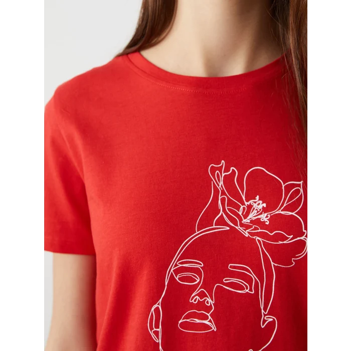 LCWAIKIKI Classic Kirmizi Bisiklet Yaka Baskılı Kadın Tişört