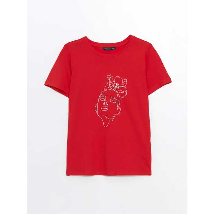 LCWAIKIKI Classic Kirmizi Bisiklet Yaka Baskılı Kadın Tişört