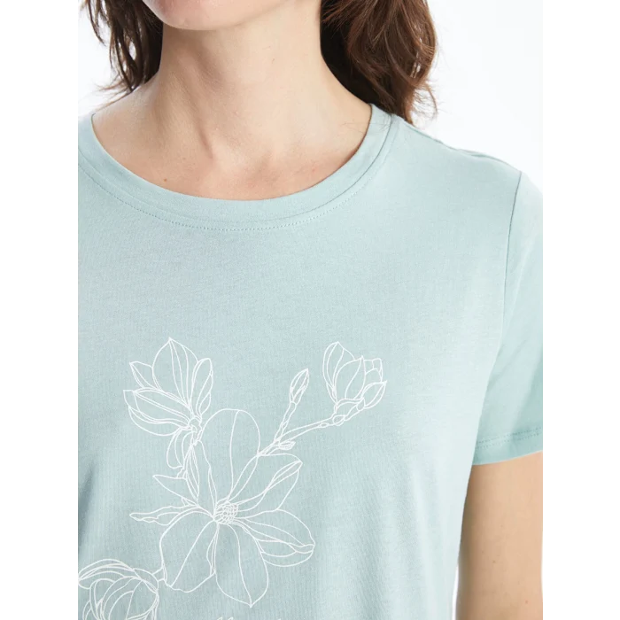 LCWAIKIKI Classic Yeşil Bisiklet Yaka Baskılı Kadın Tişört