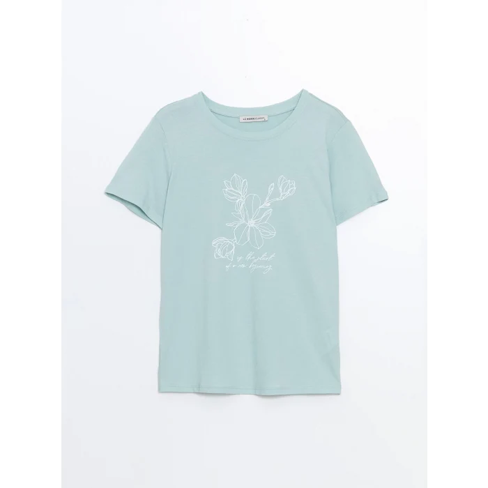 LCWAIKIKI Classic Yeşil Bisiklet Yaka Baskılı Kadın Tişört