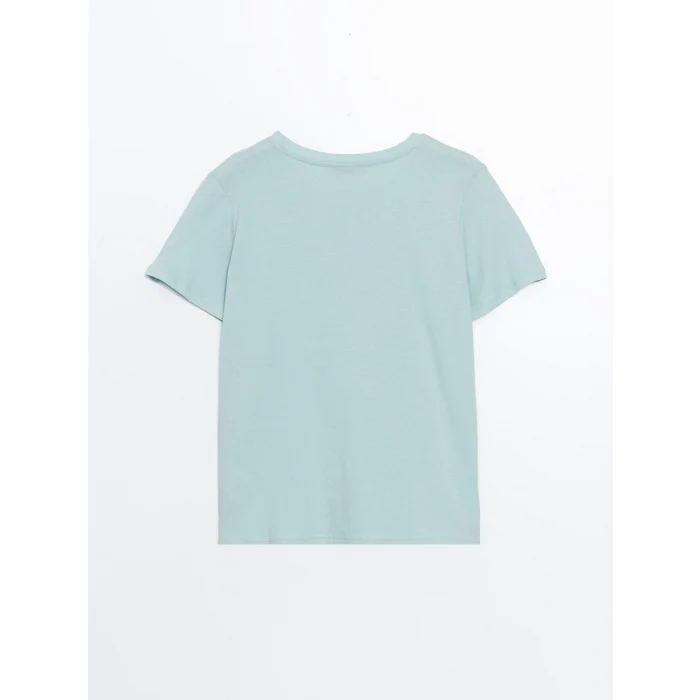 LCWAIKIKI Classic Yeşil Bisiklet Yaka Baskılı Kadın Tişört