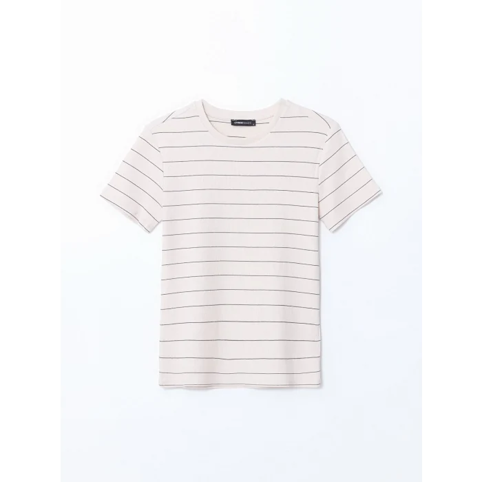 LCWAIKIKI Classic Bej Bisiklet Yaka Çizgili Kadın Tişört