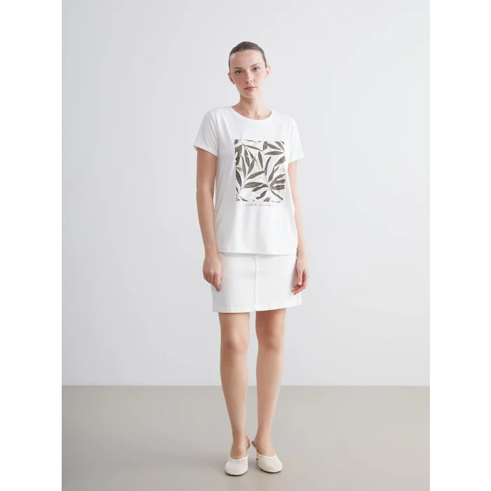 LCWAIKIKI Classic Ekru Bisiklet Yaka Baskılı Kadın Tişört