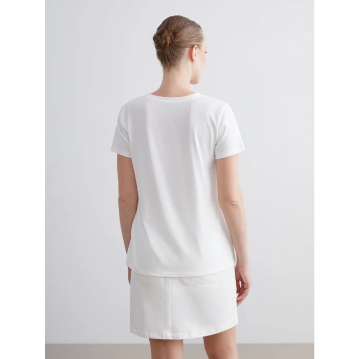 LCWAIKIKI Classic Ekru Bisiklet Yaka Baskılı Kadın Tişört