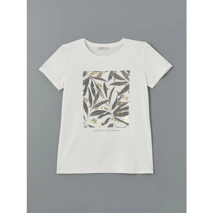 LCWAIKIKI Classic Ekru Bisiklet Yaka Baskılı Kadın Tişört