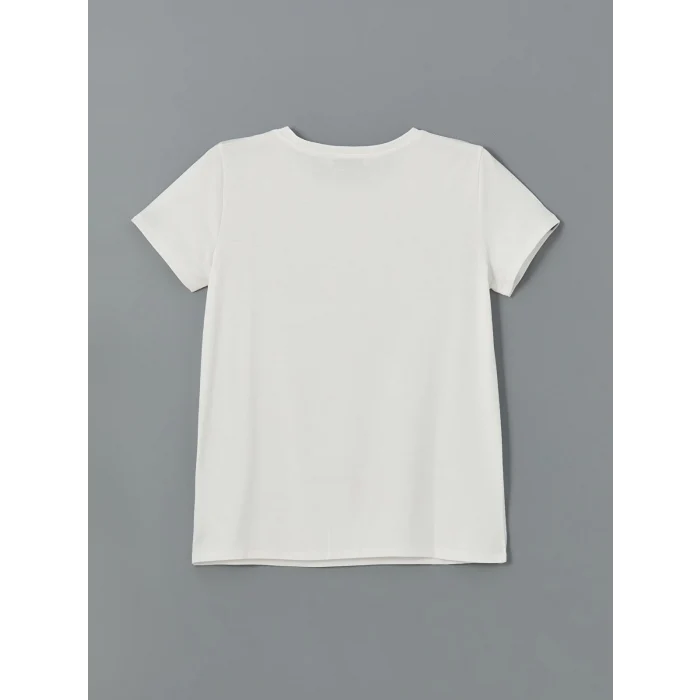 LCWAIKIKI Classic Ekru Bisiklet Yaka Baskılı Kadın Tişört