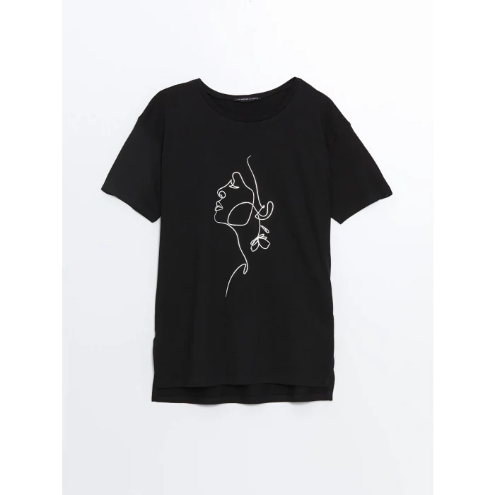 LCWAIKIKI Classic Siyah Bisiklet Yaka Baskılı Kadın Tişört