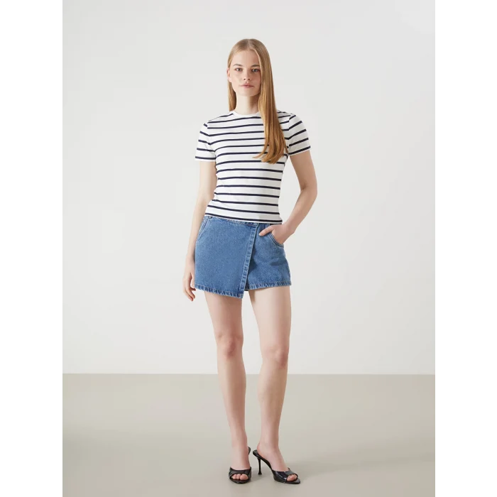 LCW Vision Lacivert Bisiklet Yaka Çizgili Kadın Tişört