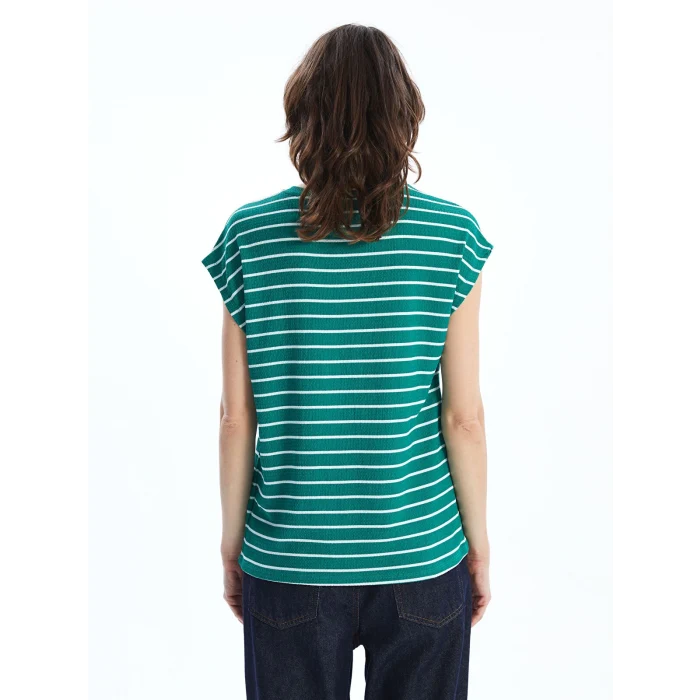 LCWAIKIKI Classic Yeşil Bisiklet Yaka Çizgili Kadın Tişört