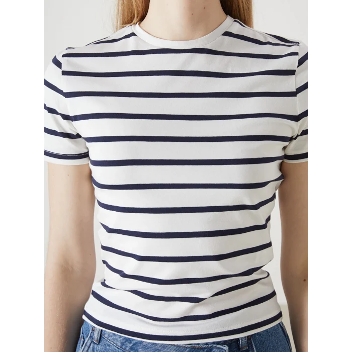 LCW Vision Lacivert Bisiklet Yaka Çizgili Kadın Tişört