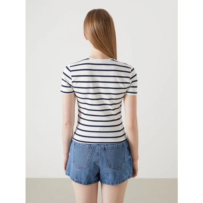 LCW Vision Lacivert Bisiklet Yaka Çizgili Kadın Tişört