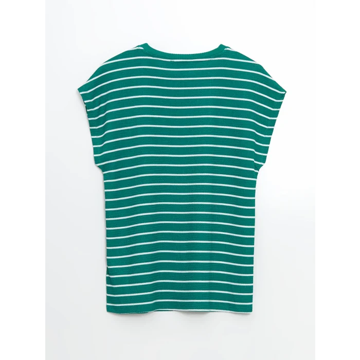 LCWAIKIKI Classic Yeşil Bisiklet Yaka Çizgili Kadın Tişört