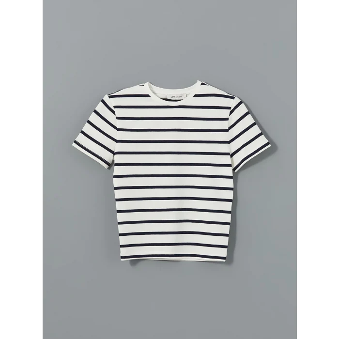 LCW Vision Lacivert Bisiklet Yaka Çizgili Kadın Tişört