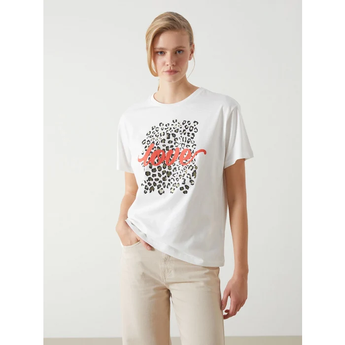 LCW Vision Ekru Bisiklet Yaka Baskılı Kadın Tişört