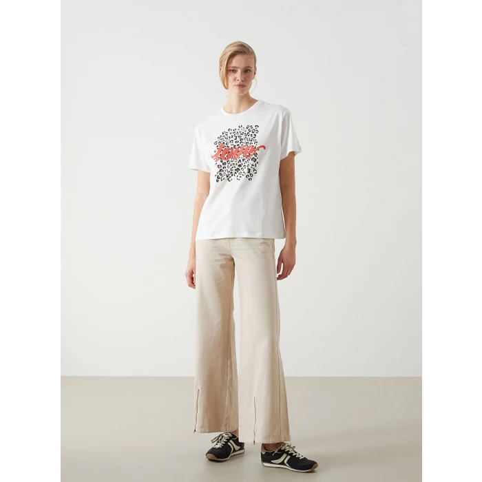 LCW Vision Ekru Bisiklet Yaka Baskılı Kadın Tişört