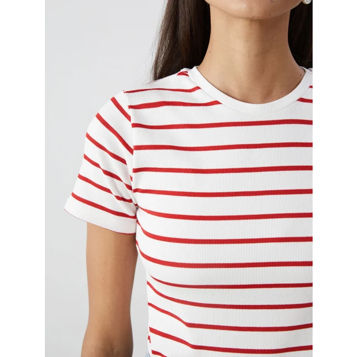 LCWAIKIKI Classic Kirmizi Bisiklet Yaka Çizgili Kadın Tişört