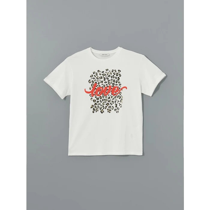 LCW Vision Ekru Bisiklet Yaka Baskılı Kadın Tişört