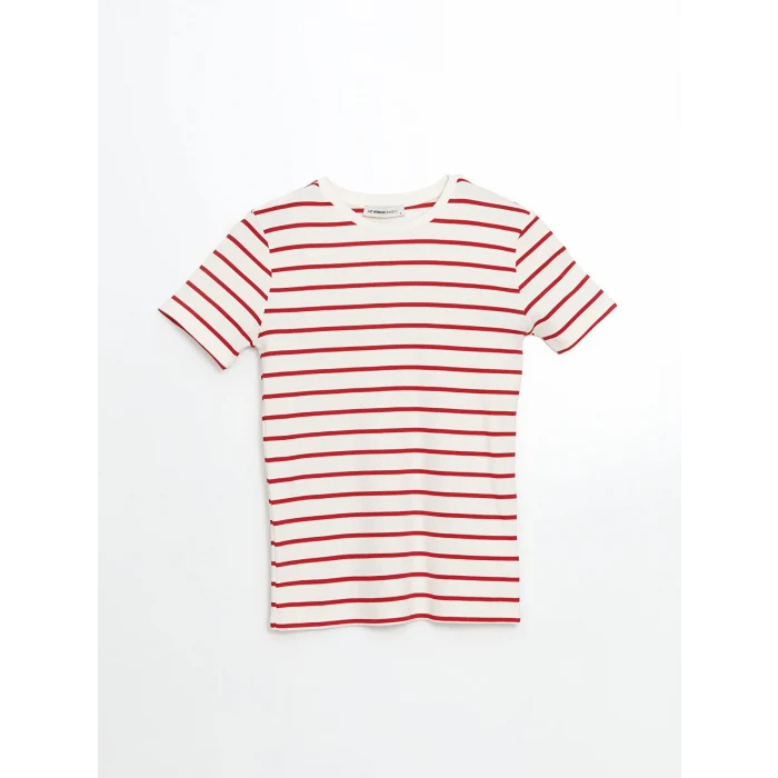 LCWAIKIKI Classic Kirmizi Bisiklet Yaka Çizgili Kadın Tişört