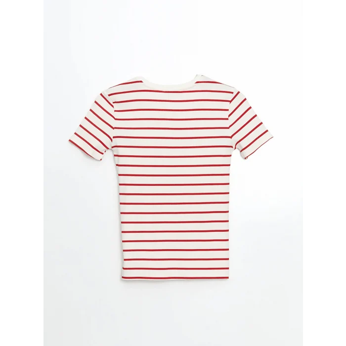 LCWAIKIKI Classic Kirmizi Bisiklet Yaka Çizgili Kadın Tişört