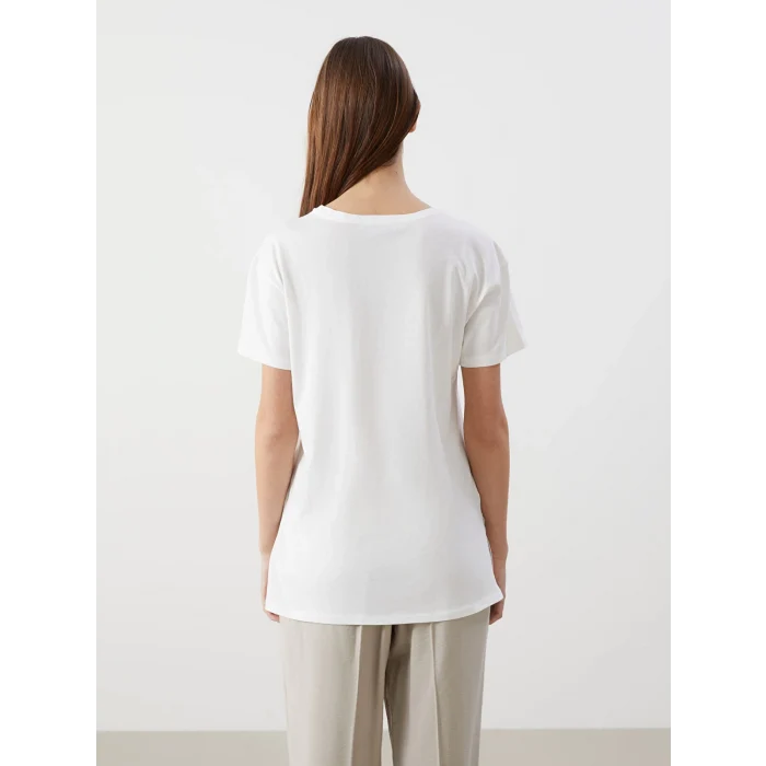 LCWAIKIKI Classic Ekru Bisiklet Yaka Çiçekli Kadın Tişört