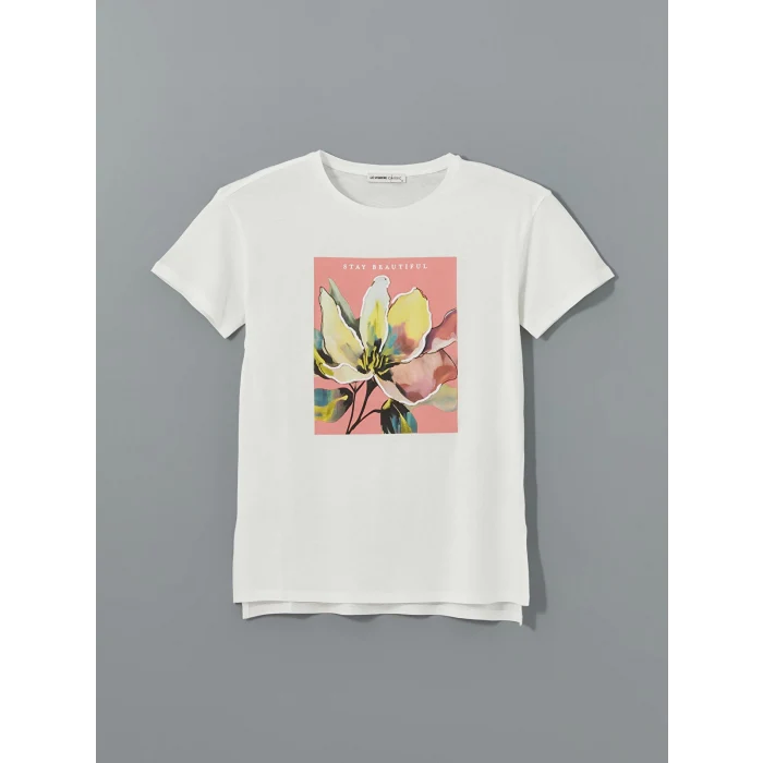 LCWAIKIKI Classic Ekru Bisiklet Yaka Çiçekli Kadın Tişört