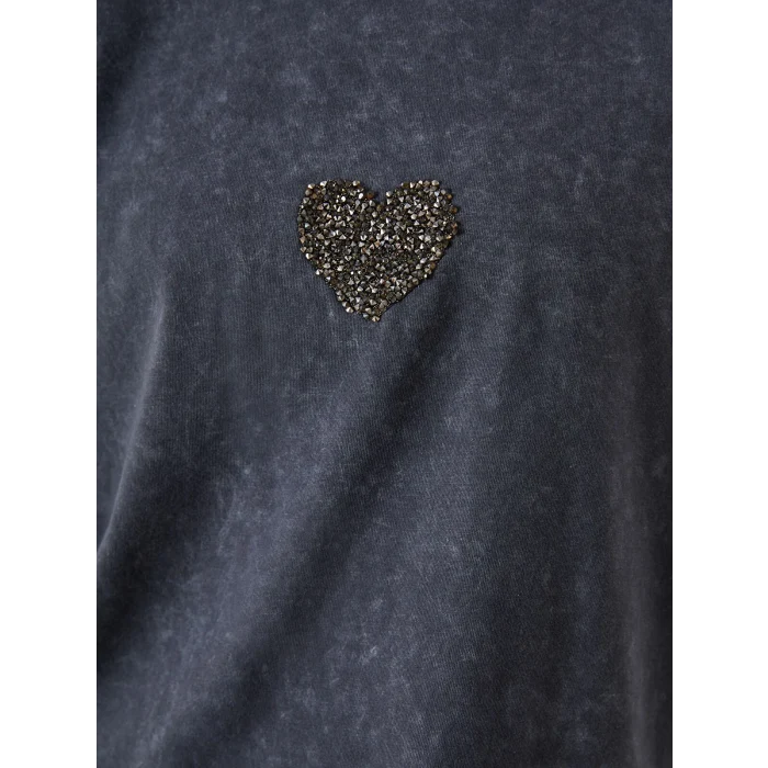 LCW Vision Antrasit Bisiklet Yaka Kalp Nakışlı Oversize Kadın Tişört