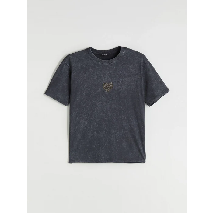 LCW Vision Antrasit Bisiklet Yaka Kalp Nakışlı Oversize Kadın Tişört