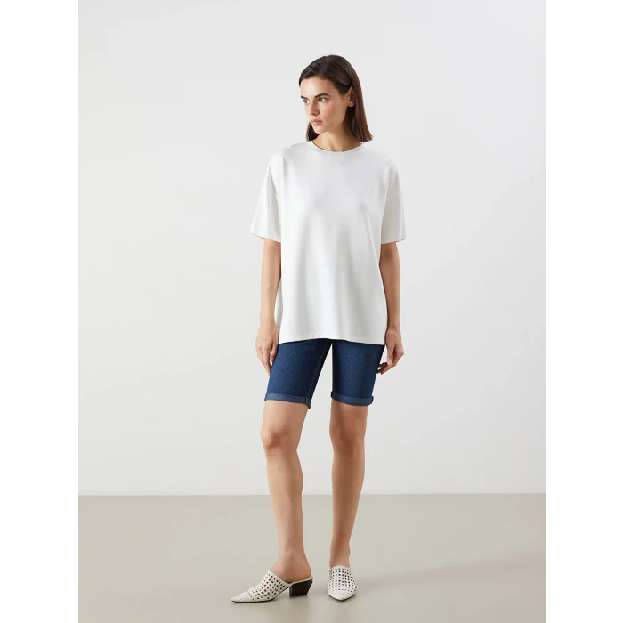 LCW Vision Ekru Bisiklet Yaka Oversize Kadın Tişört