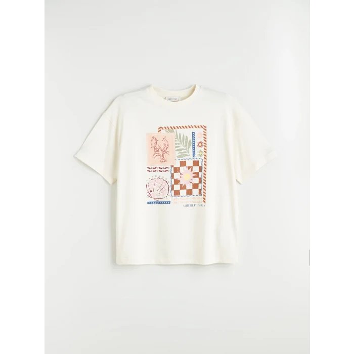 LCW Vision Ekru Bisiklet Yaka Baskılı Oversize Kadın Tişört