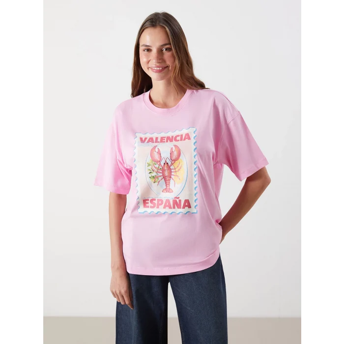 LCW Vision Pembe Valencia Baskılı Oversize Kadın Tişört