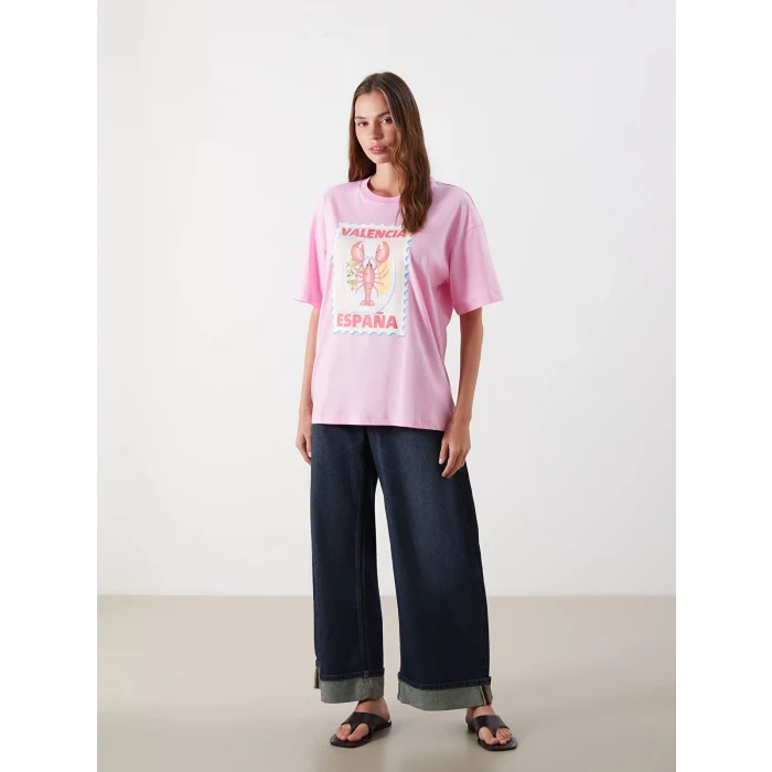 LCW Vision Pembe Valencia Baskılı Oversize Kadın Tişört