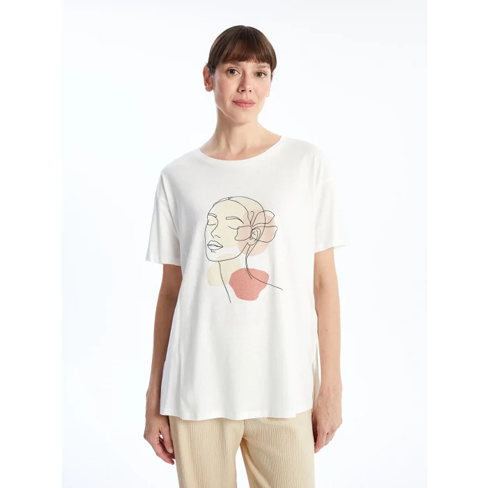 LCWAIKIKI Classic Ekru Bisiklet Yaka Baskılı Kadın Tişört